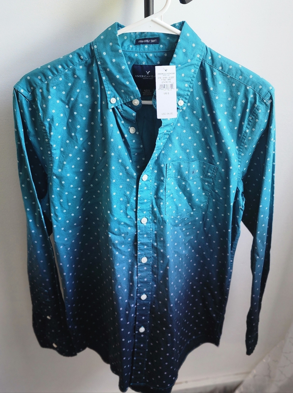 American Eagle Outfitters Teal Polka Dot Ombre Button-Down Shirt - Men